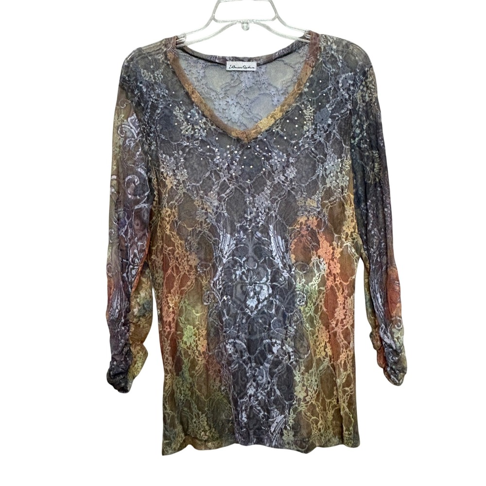 Mesh Top Womens Large Multicolor Rhinestone Ruched Lace Fairycore Sheer y2k